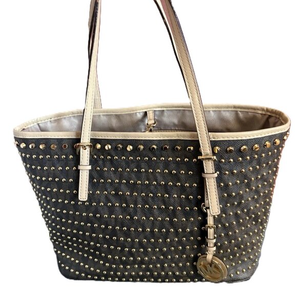 Michael Kors Handbags - Michael Kors Jet Set Travel Studded Tote Hand Bag Brown, Tan and Gold  Rare Tote
